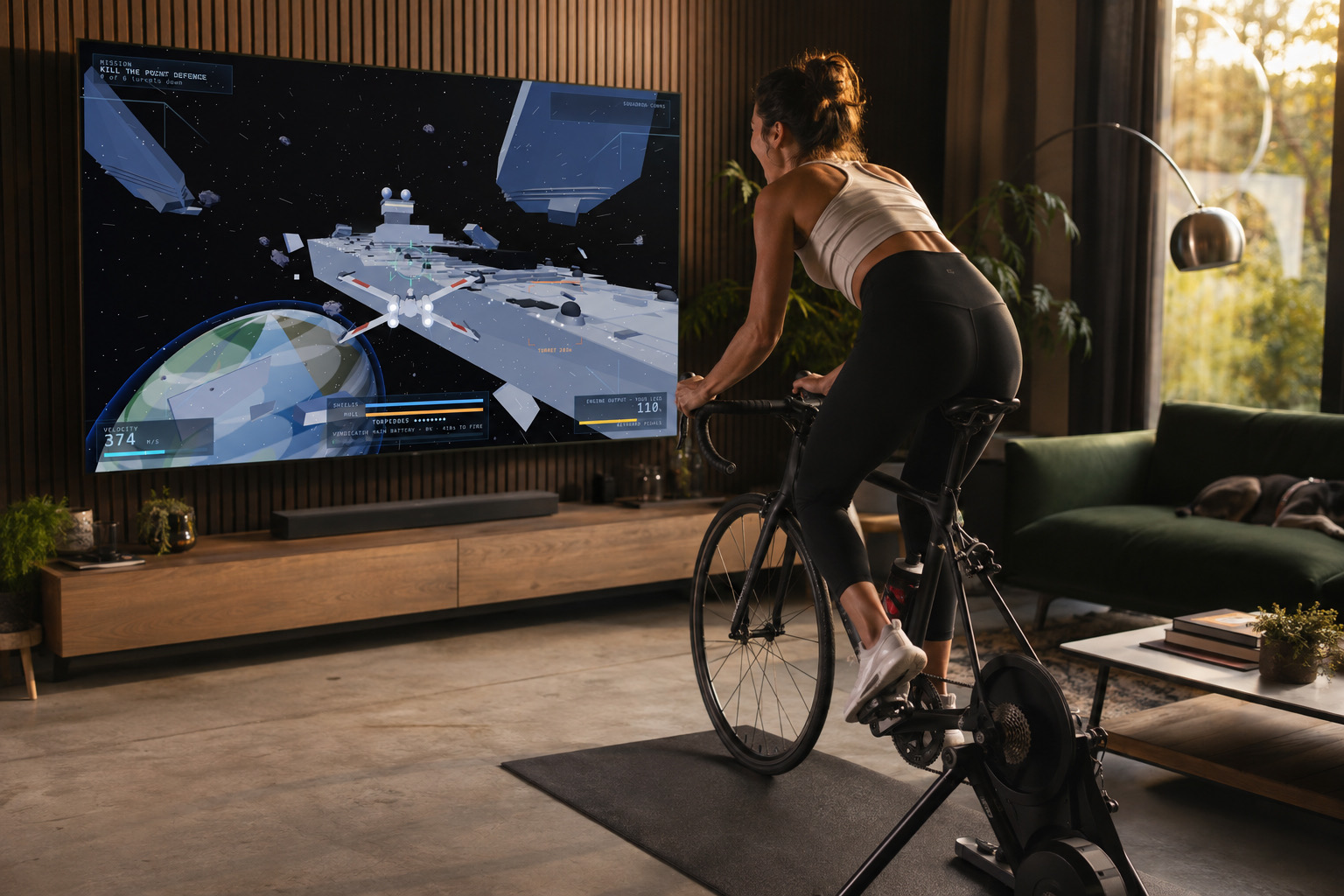 A rider on a turbo trainer, playing Star Fighter on the TV